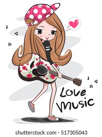 Happy teenage girl wearing cap holding an acoustic guitar with rose pattern isolated on white background illustration vector.