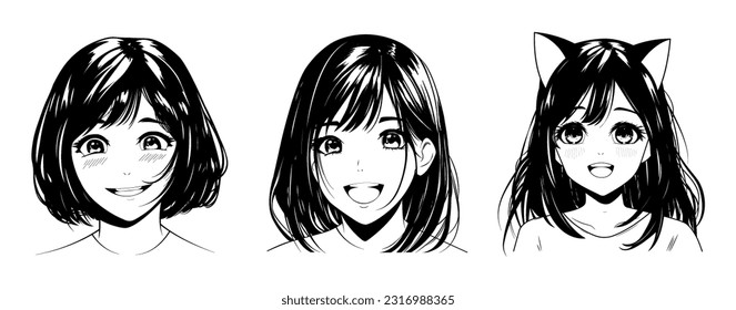 Happy teenage girls, black and white portraits. Cute schoolgirl girls with big eyes and smile. Manga portraits happy girls in anime or manga style. Asian school girls in anime style. Vector set