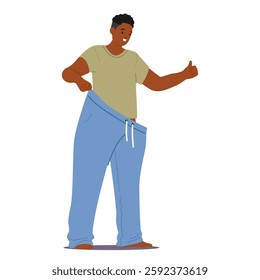 Happy teenage guy cartoon character wearing large jeans pants gesturing thumbsup showcasing sliming result feeling proud of body shape changing and choosing healthy lifestyle vector illustration