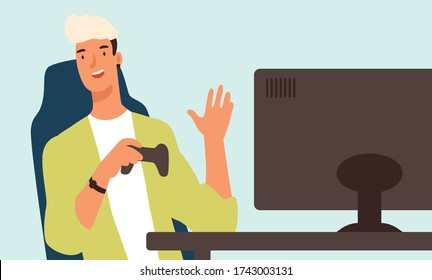 Happy teenage guy sitting in front of computer monitor hold joystick vector flat illustration. Smiling young man gamer posing waving hand isolated. Relaxed male playing online video game