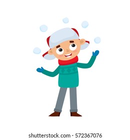 Happy teenage in winter clothes playing with a snowballs, vector illustration isolated on white background. Little boy in cartoon style.