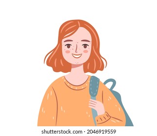 Un adolescente feliz con acné. Niña de pelo rojo con una mochila aislada de fondo blanco. Ilustración vectorial plana.