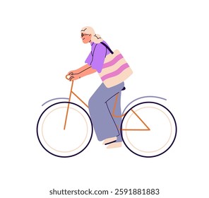 Happy teenager bicyclist carries tote bag. Cute girl cyclist rides on bicycle. Joyful young woman cycling. Teen person is on bike ride side view. Flat isolated vector illustration on white background