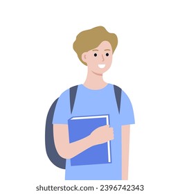 Happy teenager boy carrying backpack hand holding book. Student with textbook. Education, leisure, knowledge, learning concepts. Flat character vector design isolated on white background.