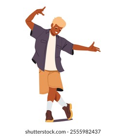 Happy teenager boy cartoon character dancing moving energetically feeling fun and joy isolated on white background. Trendy party positive active guy clubbing breakdancing vector illustration