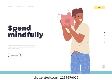 Happy teenager boy character shaking piggy bank design for landing page with spend mindfully idea