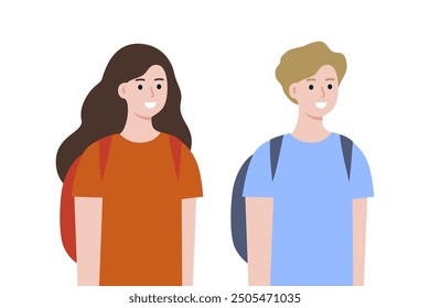 Happy teenager boy and girl carrying backpack. Education, leisure, knowledge, learning, back to school concepts. Flat people character vector design isolated illustration.