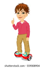 happy teenager boy riding gyroscooter and giving thumbs up - eco transport, hoverboard, smart balance wheel