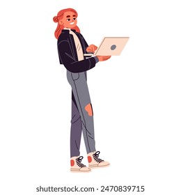 Happy teenager carries a laptop in hand. Redhead girl using mobile computer to communicate. Teen person chats online, typing. Remote, distance education. Flat isolated vector illustration on white