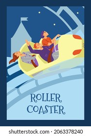 Happy Teenager Friends Riding On Rollercoaster In Amusement Park, Flat Vector Illustration. Poster Of Smiling People Having Fun On Weekends.