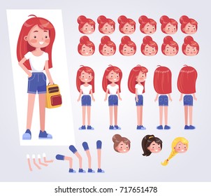 Happy teenager girl  character with various views, face emotions, poses . Front, side, back view animated character.