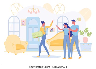 Happy Teenager Girl Going to College Leaves Parents Home. Mother Father Escorting Young Smart Daughter to Receive Knowledge at University. Girl Go to Education. Family Lifestyle. Vector Illustration