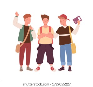 Happy teenager male kids with backpack, bags and book stand together vector flat illustration. Group of positive school guys smiling, waving hand isolated on white. Young boys classmates or friends