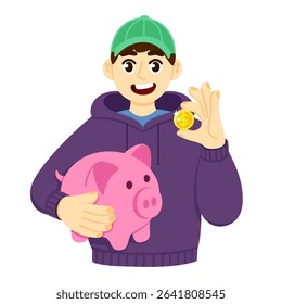 Happy teenager showing gold coin while holding piggy bank, recommending saving money for future stability. Money saving concept. Vector illustration