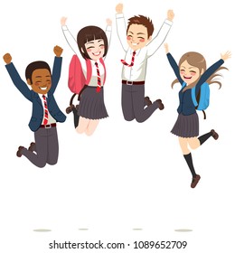 Happy teenager students wearing uniform jumping celebrating success having fun