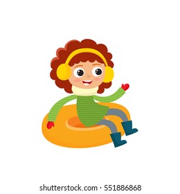 Happy teenager in winter clothes on snow tubing, vector illustration isolated on white background. Little girl in cartoon style.