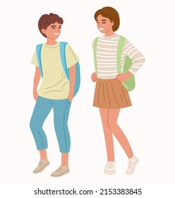 Happy teenagers boy and girl with schoolbags go to school. School friends,  classmates couple students walking and talking. Male and female children. vector illustration isolated on white background