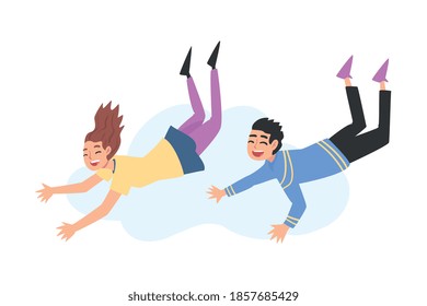 Happy Teenagers Flying in the Sky, Smiling Dreaming Boy and Girl Floating in the Air Cartoon Style Vector Illustration