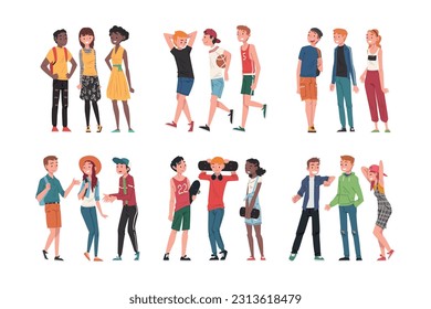 Happy Teenagers Friends Talking Standing Together Vector Set