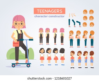 Happy teenagers girls  characters with various views, face emotions, poses . Front, side, back view animated character.