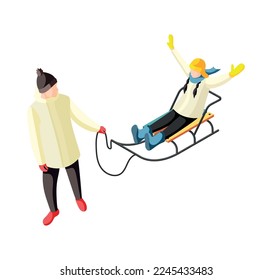Happy teenagers going sledding 3d isometric vector illustration
