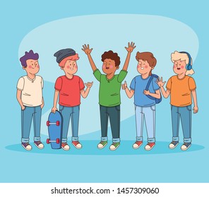 Happy teenagers greeting and smiling cartoon on blue background vector illustration graphic design