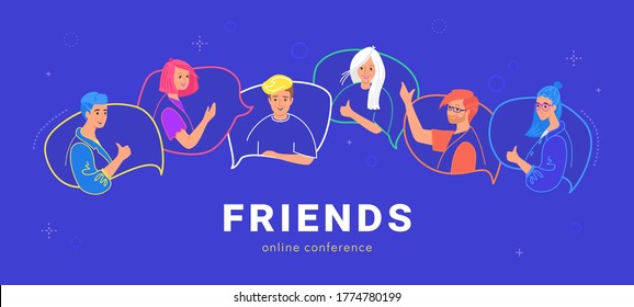 Happy teenagers on speech bubbles talking together. Flat line vector illustration of live conversation and online chat. Young people as friends chatting and gesturing to each other on blue background