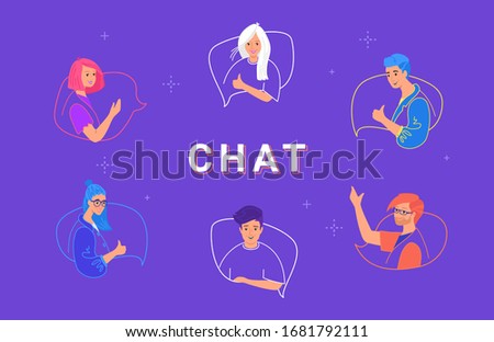 Happy teenagers on speech bubbles. Flat line vector illustration of chat conversation and online talking. Young people as friends chatting and gesturing to each other on purple background