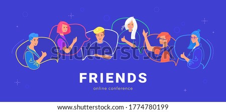 Happy teenagers on speech bubbles talking together. Flat line vector illustration of live conversation and online chat. Young people as friends chatting and gesturing to each other on blue background