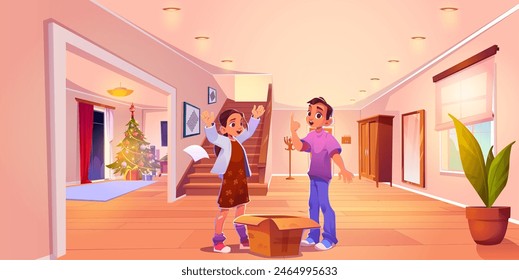 Adolescentes felices parados cerca de la caja de cartón abierta en el interior del pasillo de la casa con el árbol de Navidad. Ilustración vectorial de dibujos animados de niños y niñas sonrientes con paquete de cartón durante las vacaciones de Nuevo año.