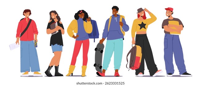 Jovens adolescentes felizes estudante moda moda jovens personagens de desenhos animados em pé em fileira isolado no fundo branco. Meninas adolescentes positivas e meninos segurando o estudo de suprimentos ilustração vetorial