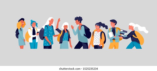 Happy teenagers and students. Group of friends character are laughing and talking. Stylish smiling boys and girls. Young generation pupils or millennials. Colorful cartoon concept vector illustration