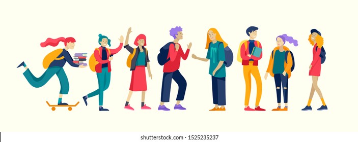 Happy teenagers and students. Group of friends character are laughing and talking. Stylish smiling boys and girls. Young generation pupils or millennials. Colorful cartoon concept vector illustration