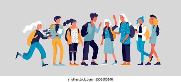 Happy teenagers and students. Group of friends character are laughing and talking. Stylish smiling boys and girls. Young generation pupils or millennials. Colorful cartoon concept vector illustration