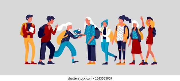 Happy teenagers and students. Group of friends character are laughing and talking. Stylish smiling boys and girls. Young generation pupils or millennials. Colorful cartoon concept vector illustration