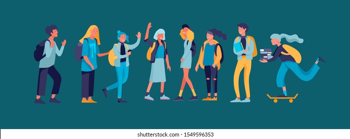 Happy teenagers and students. Group of friends character are laughing and talking. Stylish smiling boys and girls. Young generation pupils or millennials. Colorful cartoon concept vector illustration