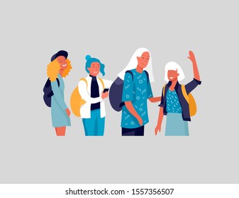 Happy teenagers and students. Group of friends character are laughing and talking. Stylish smiling boys and girls. Young generation pupils or millennials. Colorful cartoon concept vector illustration