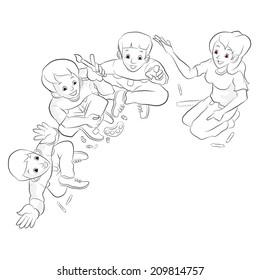Happy teenagers studying together.  Cartoon vector. vector line art