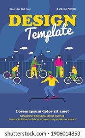 Happy teens cycling and skating. Sport, youth, extreme flat vector illustration. Outdoor activity and weekend concept for banner, website design or landing web page