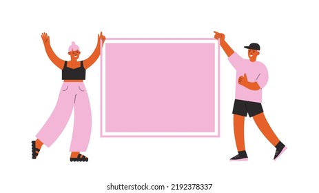 Happy teens hold giant blank banner. Vector demonstration, protest or advertising template with flat girl and boy. Cartoon positive students protesters