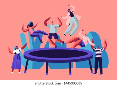 Happy Teens Jumping on Trampoline, Friends Cheering. Young People Having Fun Jump and Bouncing, Spare Time, Activity, Amusement Park, Corporate Party Entertainment. Cartoon Flat Vector Illustration