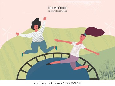 Happy teens jumping on trampoline. Friends cheering. Young people having fun jump and bouncing, spare time, outdoor activity. Cartoon flat vector illustration