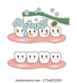Rotina de escovação de dentes felizes com escovas de dentes de desenho animado