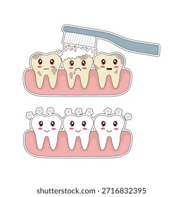 Rotina de escovação de dentes felizes com escovas de dentes de desenho animado