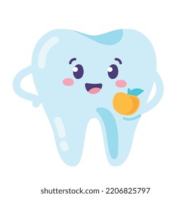 Happy teeth character. Cute character for messengers. Graphic element for printing on fabric. Medical poster or banner. Health care, beauty and hygiene . Cartoon flat vector illustration