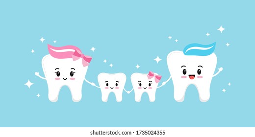 Happy teeth family isolated on blue background. Smiling emoji faces teeth family - mum, dad, son, daughter. Dental family logo vector flat design cartoon kawaii style illustration. Hygiene concept.