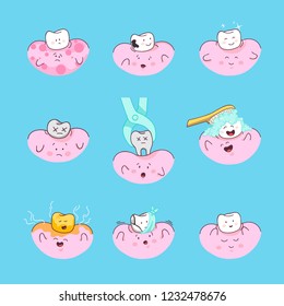 Happy teeth with gums set. Cute tooth characters. Dental personage vector illustration. Dental concept for your design. Illustration for children dentistry. Oral hygiene, teeth cleaning. Gum treatment