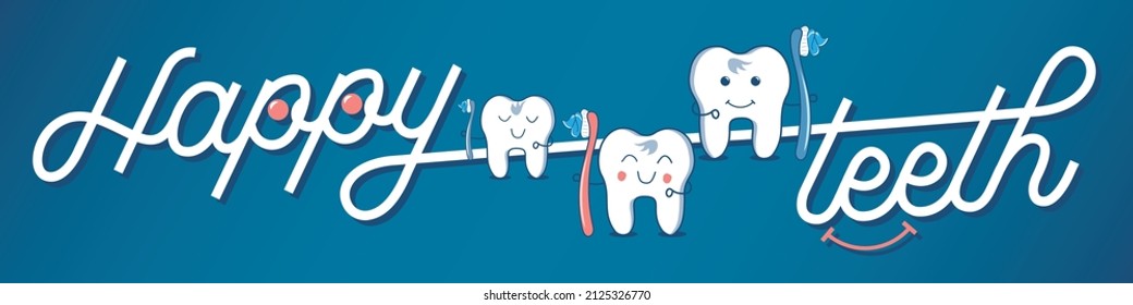 Happy Teeth Mascot, Cartoon teeth holding a toothbrush. Cute tooth brushing cartoon with smiley face. Dental care concept. Illustration isolated on colored background.  Publicity banner.
