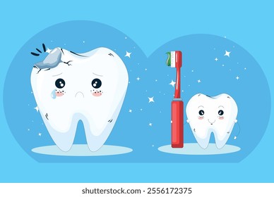 A happy teeth with a red brush and a cute depressed teeth with broken teeth Cute tooth characters. Dental personage vector illustration.
