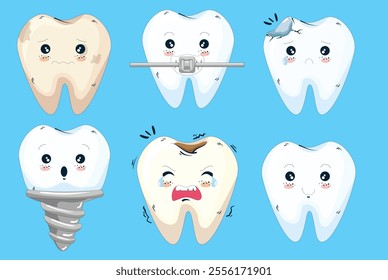 Happy teeth sad teeth depressed teeth set . Cute tooth characters. Dental personage vector illustration.